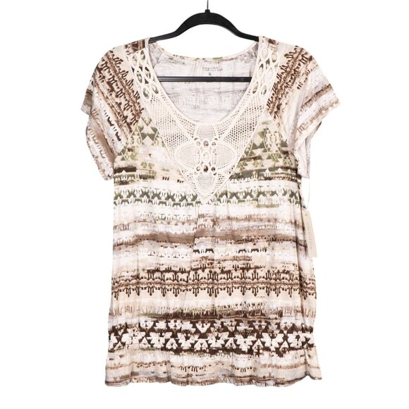 Sonoma Tops - Sonoma Boho Shirt M Womens Crochet Green Brown Cream Short Sleeve Indie Hippie